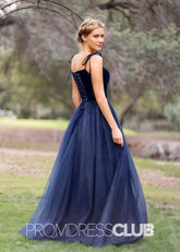 Sophia |Navy Blue Long Prom Dresses With A Line Spagatti Straps Velvet Tulle Floor Length - Price #price_variant_lowest# - Navy Blue - PromDressClub